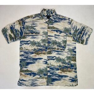 VINTAGE Silk Icon All Over Print Island Palm Trees Hawaiian Shirt Men Large
